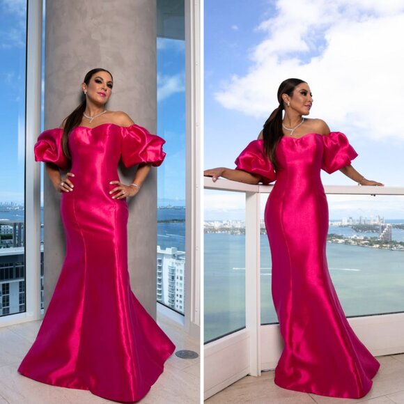 Mac Duggal Size 8 Pink Sweetheart Off The Shoulder Puff Sleeve Gown‎ Maxi Dress - Picture 3 of 8